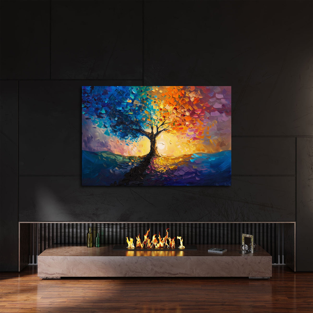 Abstraktes Baum Wandbild als Farbakzent im hellen Wohnraum