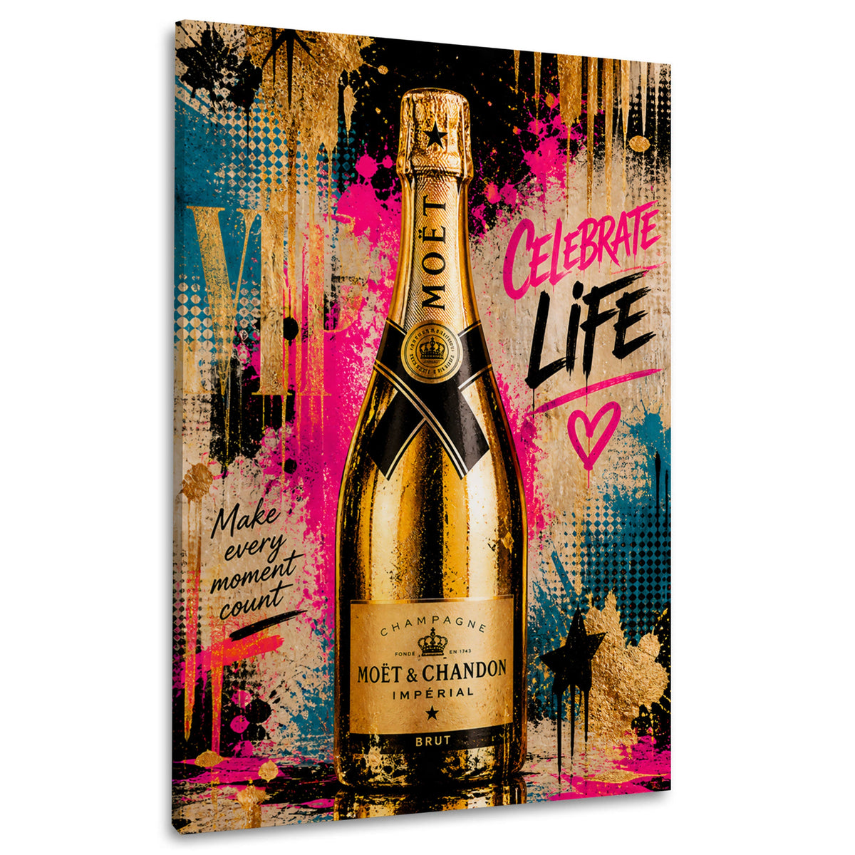 Wandbild goldene Champagnerflasche mit Celebrate Life Schriftzug