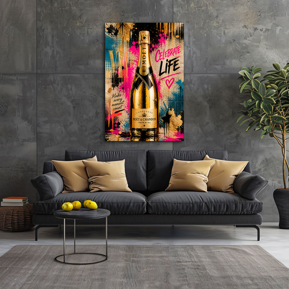 Detailansicht Champagner Wandbild mit Gold und Farbspritzern