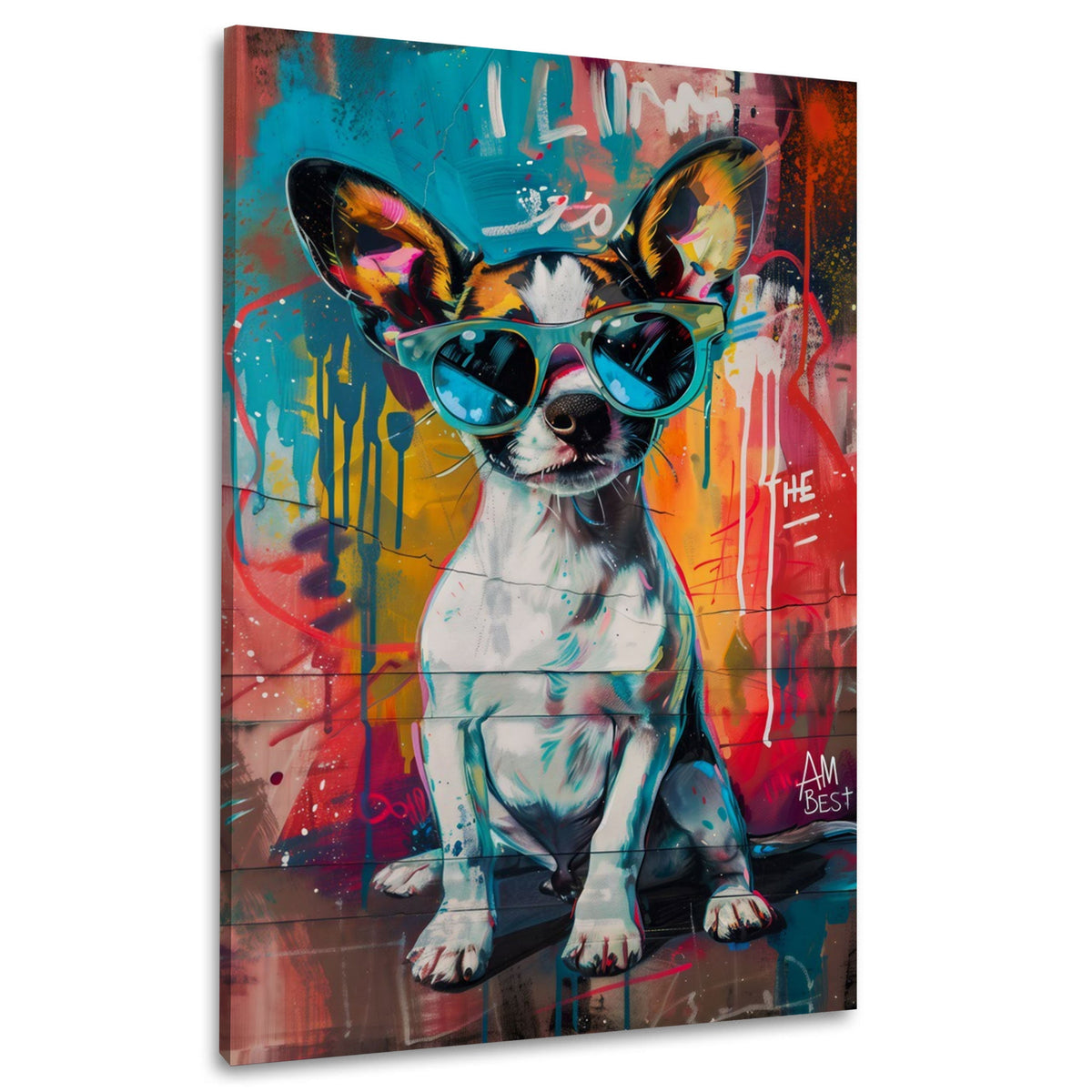 Wandbild Chihuahua mit Sonnenbrille vor bunter Graffitiwand