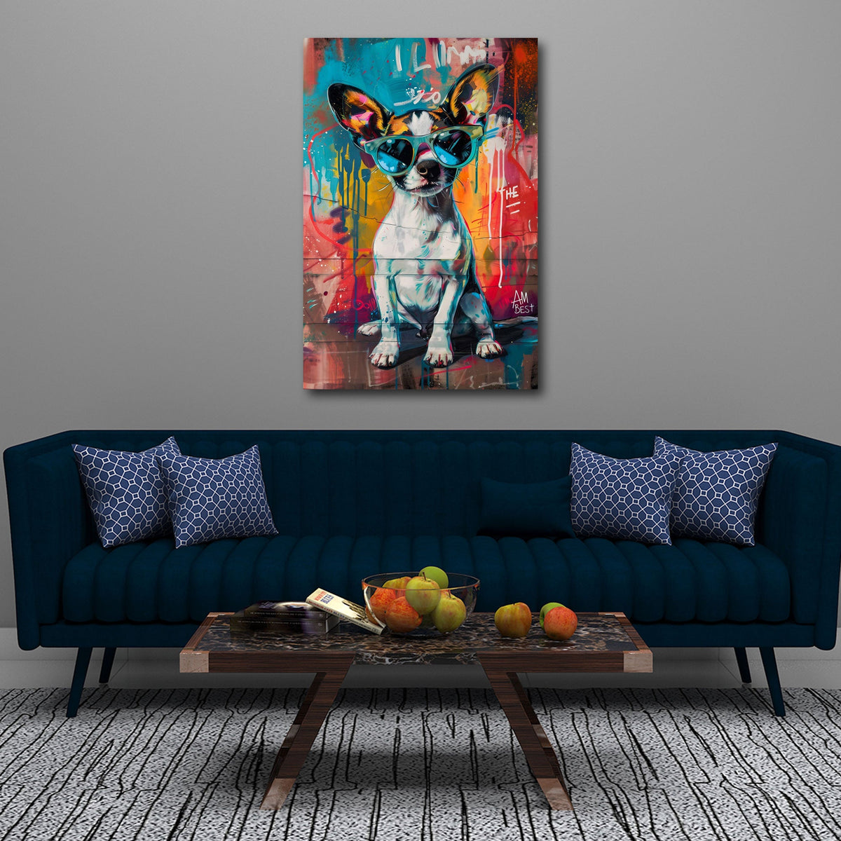 Buntes Street Art Hunde Wandbild im Hochformat im Wohnraum