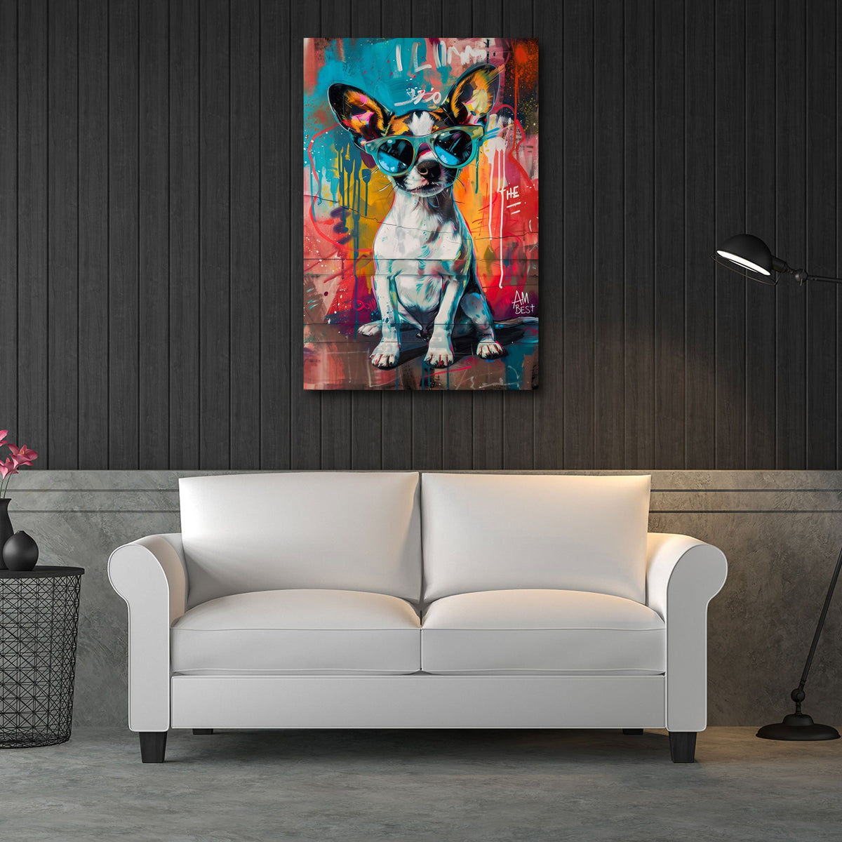 Detailansicht Chihuahua Wandbild mit Sonnenbrille und Farbspritzern