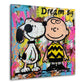 Wandbild Comic Beagle und Junge Seite an Seite vor Graffitiwand