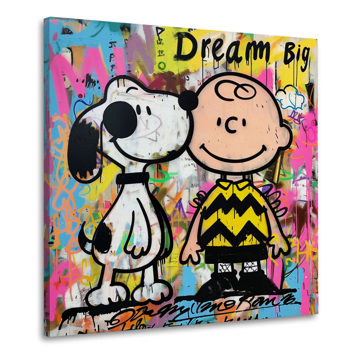 Wandbild Comic Beagle und Junge Seite an Seite vor Graffitiwand