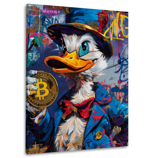 Comic Ente mit Bitcoin in Pop Art Finanzen Erfolg Wandbild