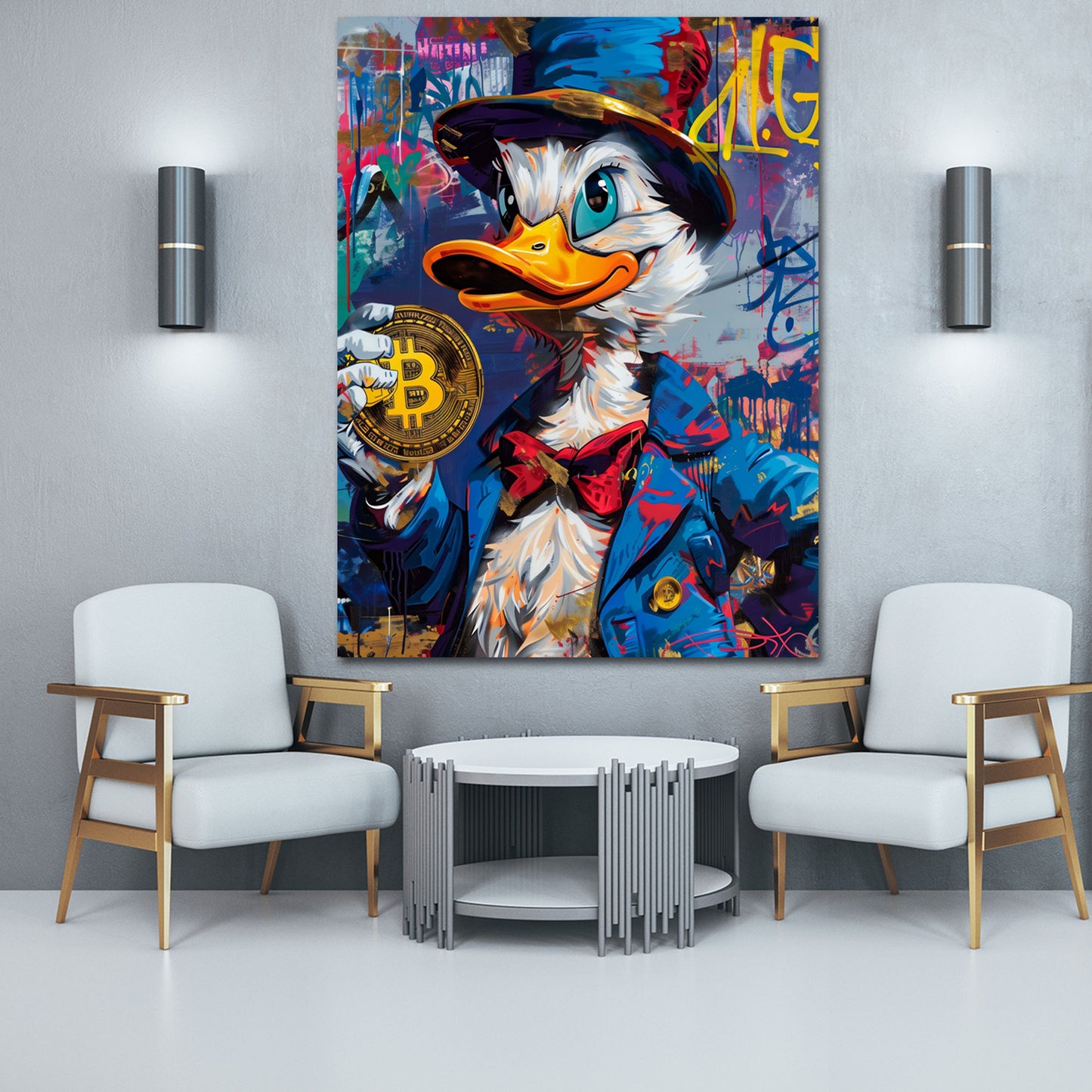 Comic Ente mit Bitcoin in Pop Art Finanzen Erfolg Wandbild