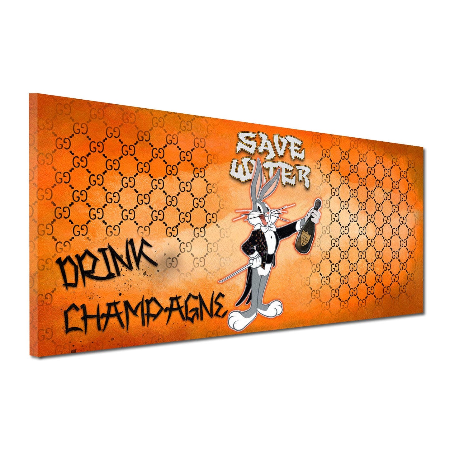Comic Hase Statement Save Water Champagner Wandbild