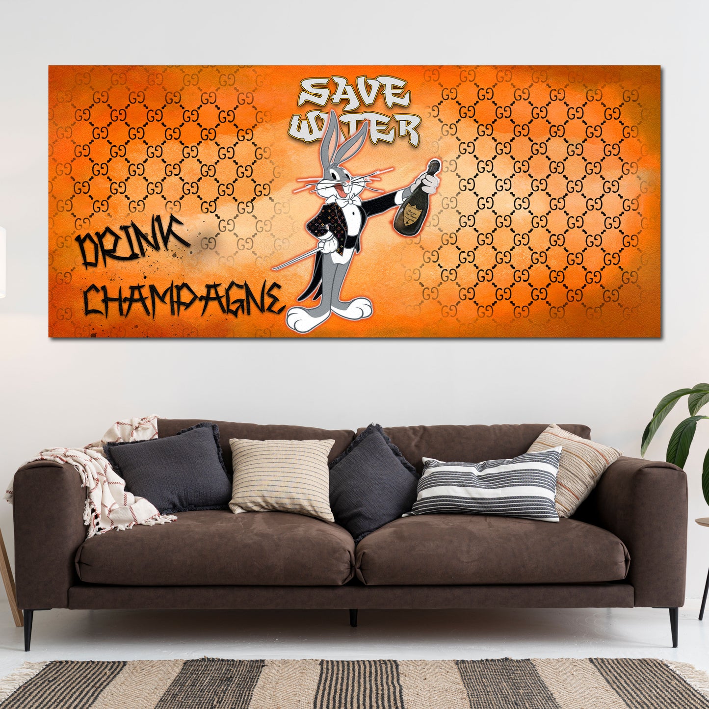 Comic Hase Statement Save Water Champagner Wandbild