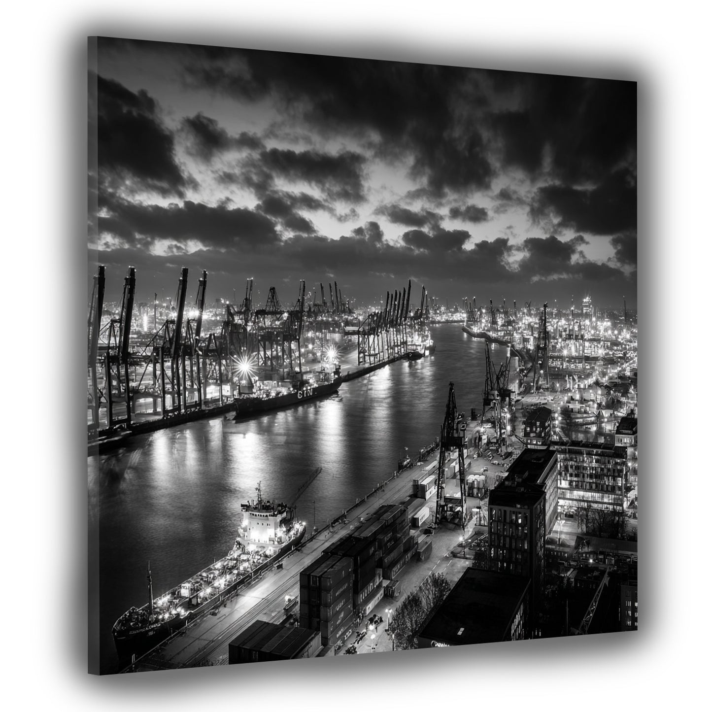 Containerhafen Hamburg schwarz weiß Kräne Schiffe Elbe Wandbild