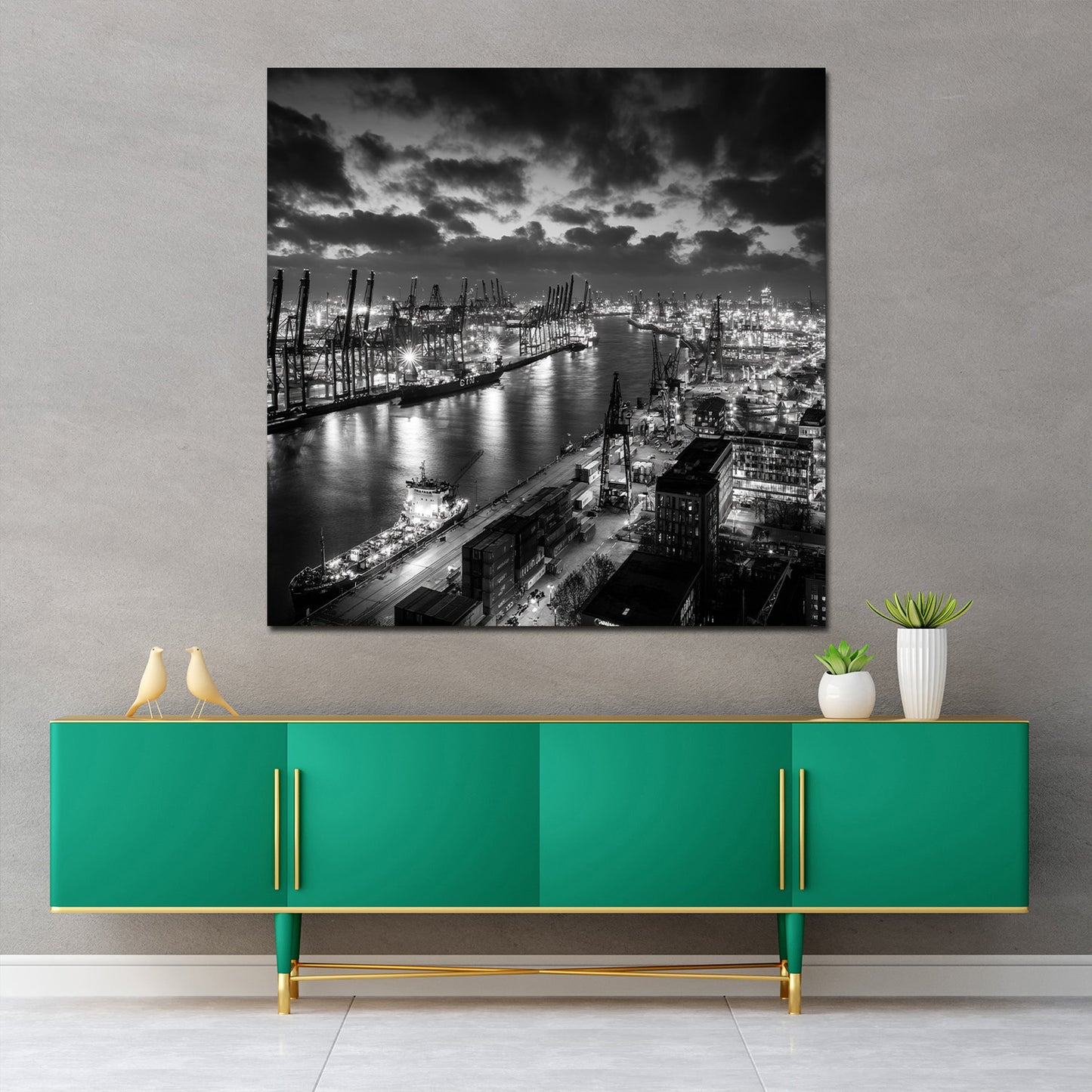 Containerhafen Hamburg schwarz weiß Kräne Schiffe Elbe Wandbild