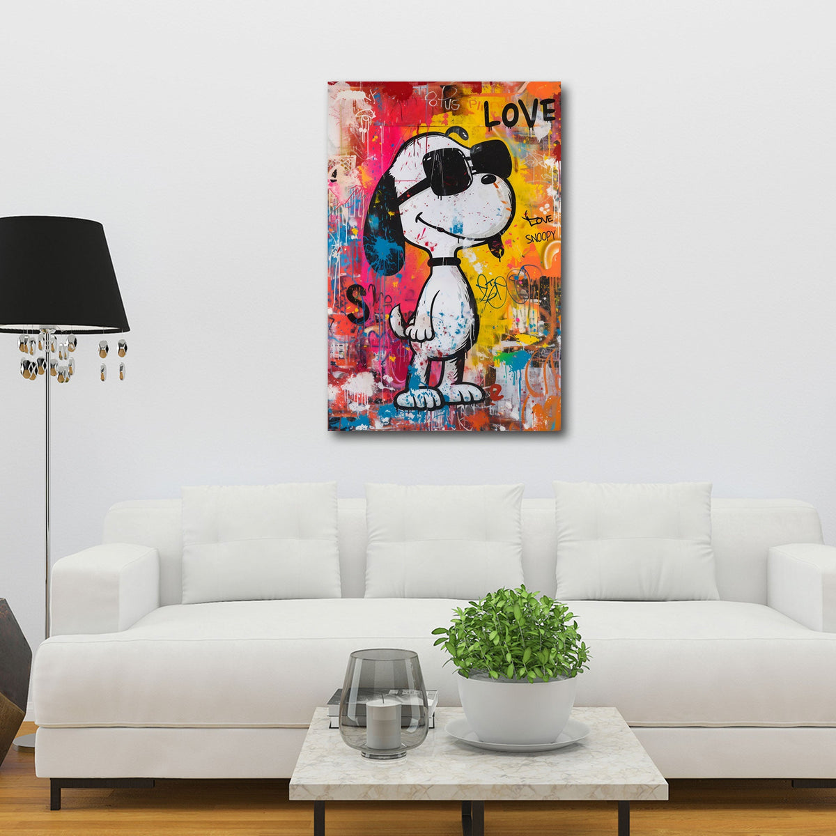 Detailansicht Comic Hunde Wandbild mit Sonnenbrille und Farbspritzern