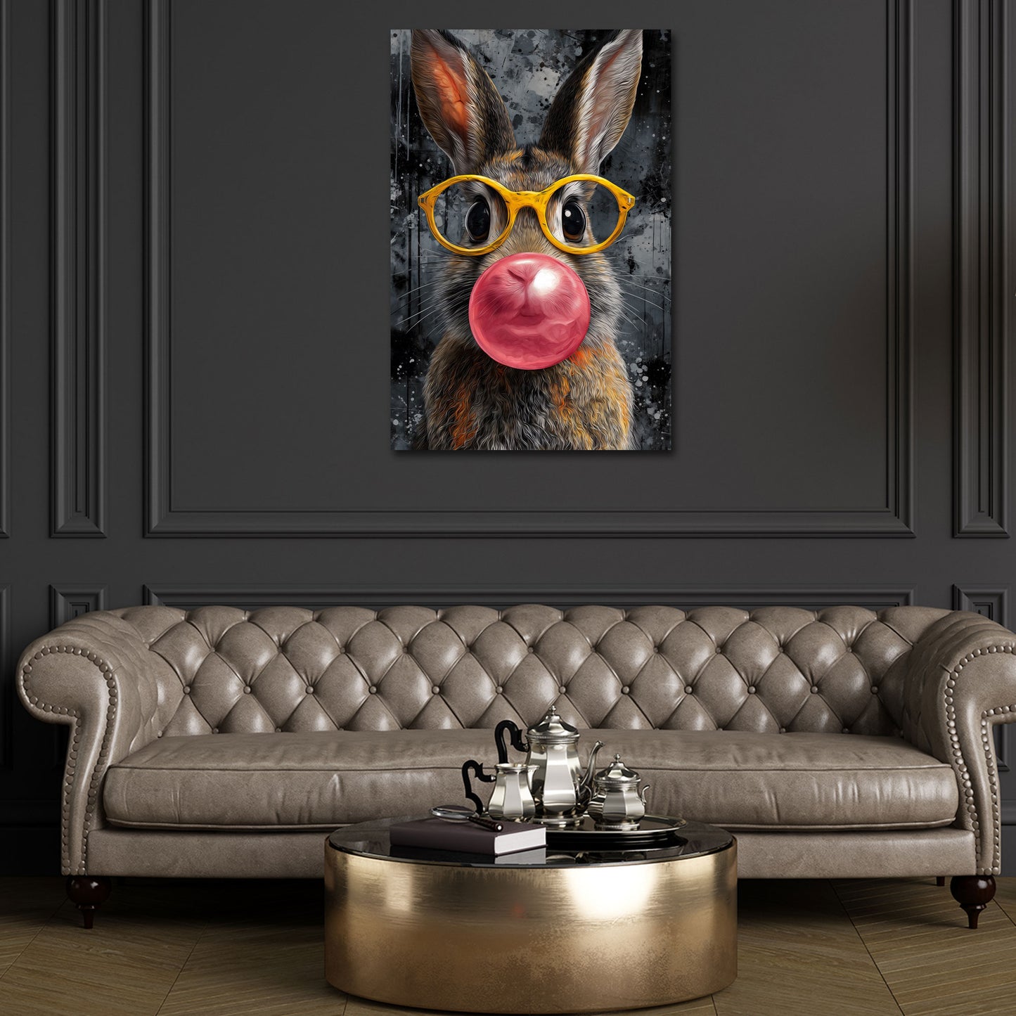 Cooler Hase mit auffälliger Brille und Kaugummiblase Wandbild