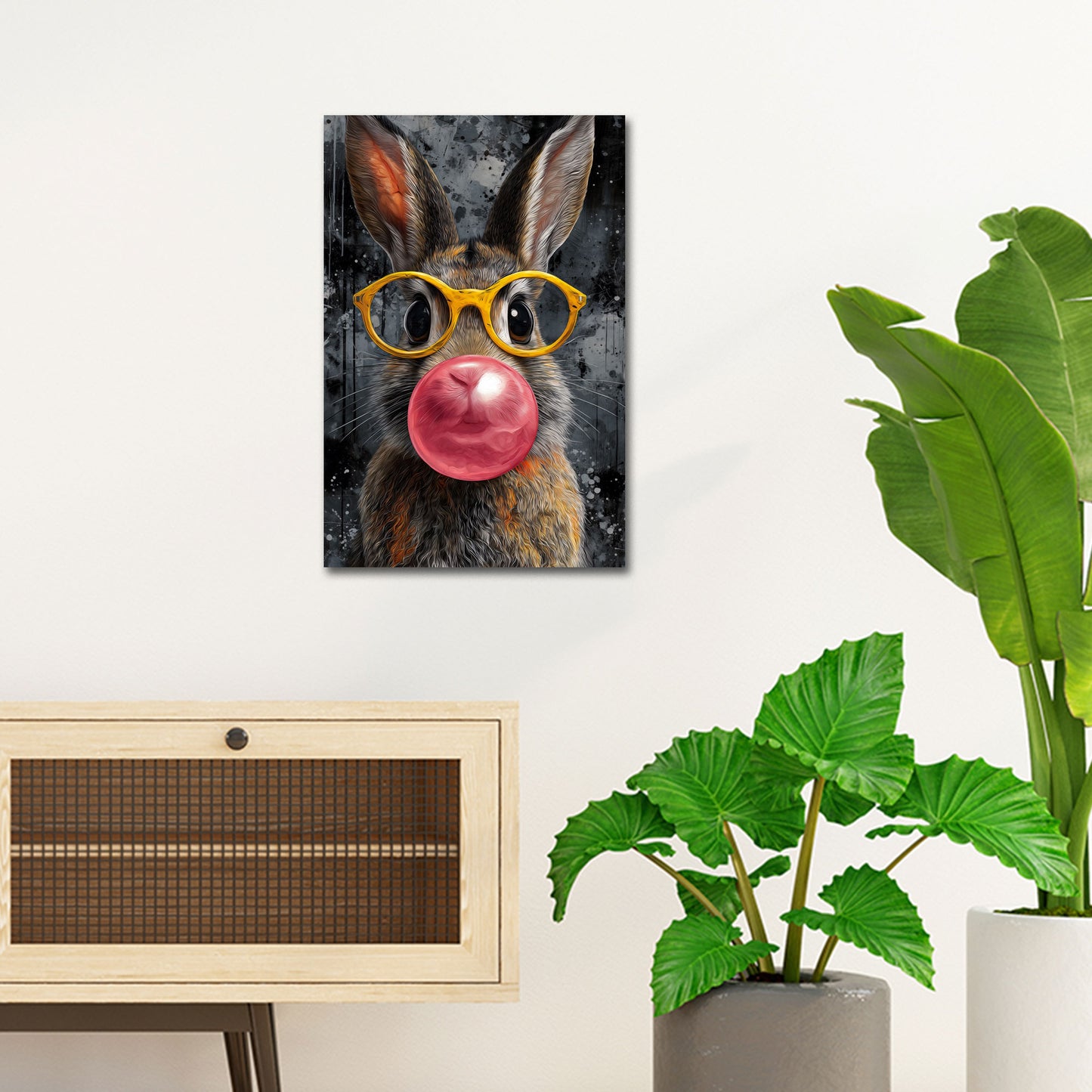 Cooler Hase mit auffälliger Brille und Kaugummiblase Wandbild