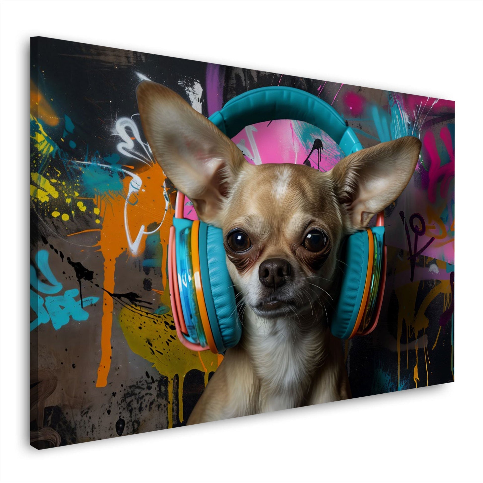 Chihuahua mit bunten Kopfhörern vor Graffitiwand – Wandbild im Querformat