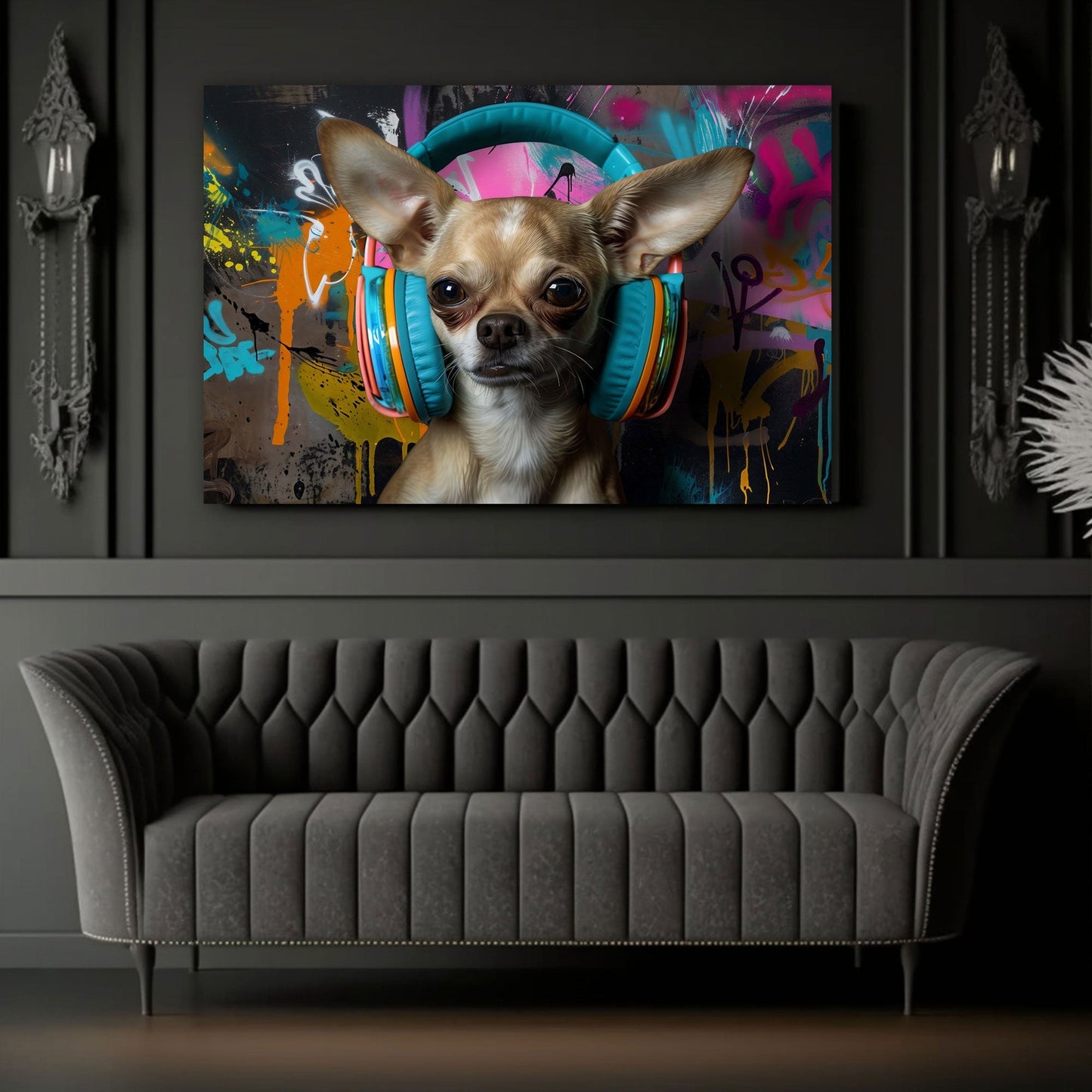 Chihuahua Wandbild mit Kopfhörern über dem Sofa im Wohnzimmer