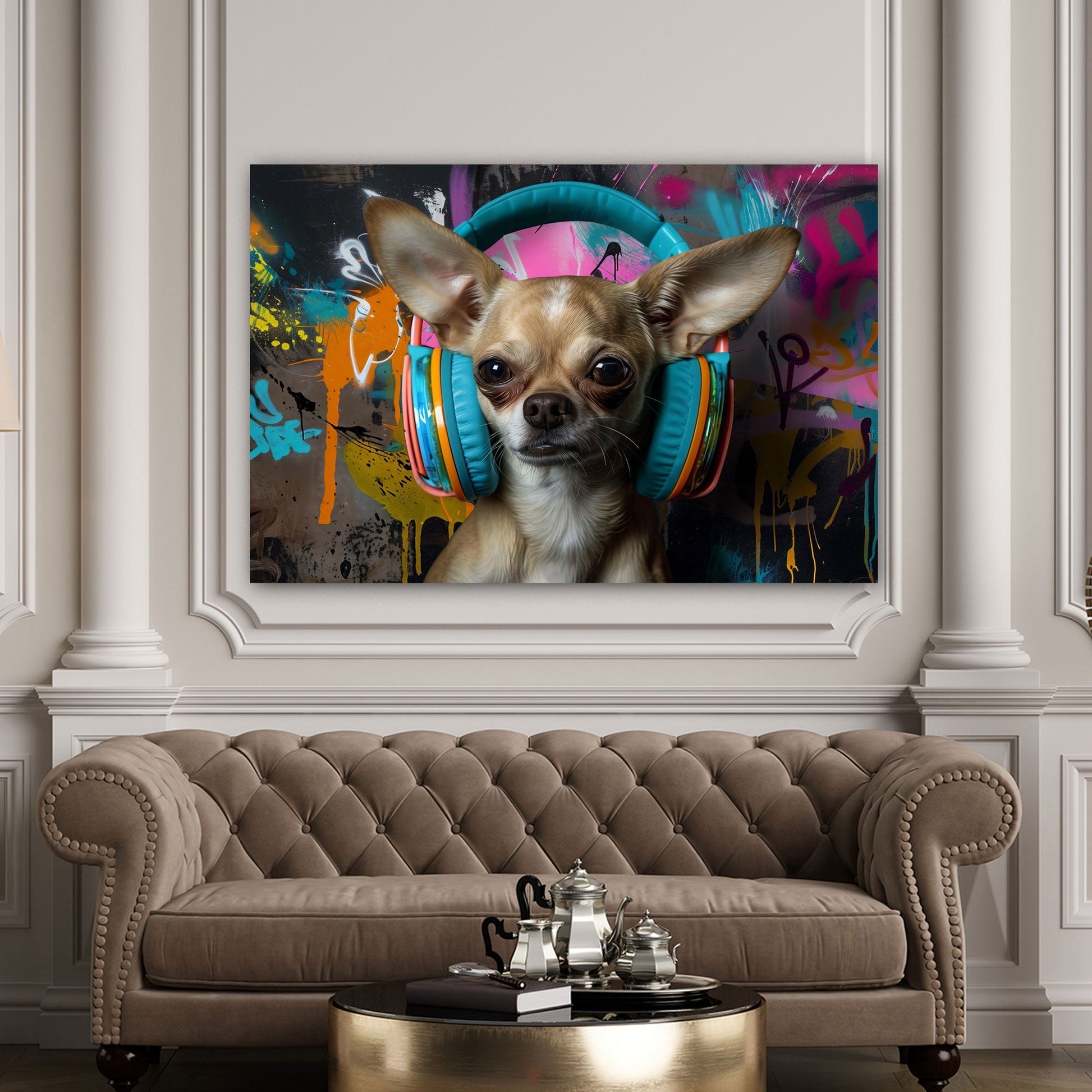 Buntes Hunde-Wandbild im Graffiti-Stil im Kinderzimmer