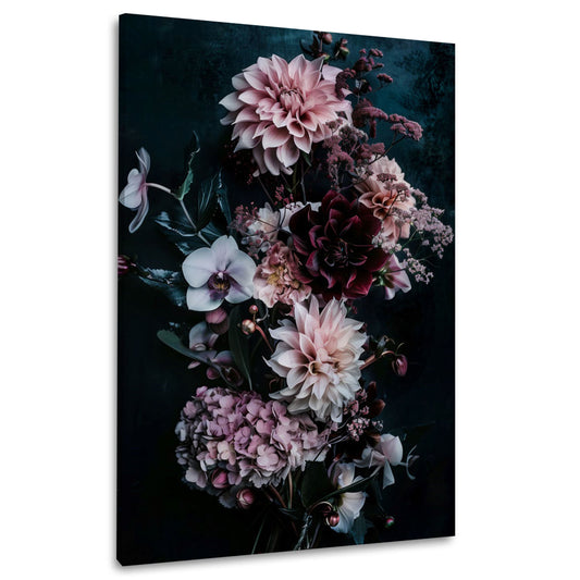 Wandbild Dahlien und Orchideen in Rosa und Lila auf Schwarz