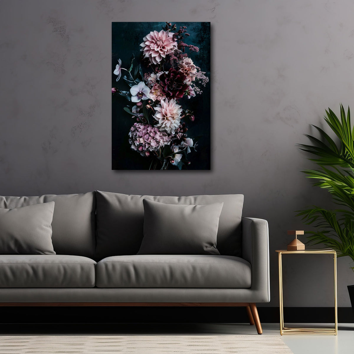 Elegantes Blumen Wandbild im Hochformat im Wohnraum