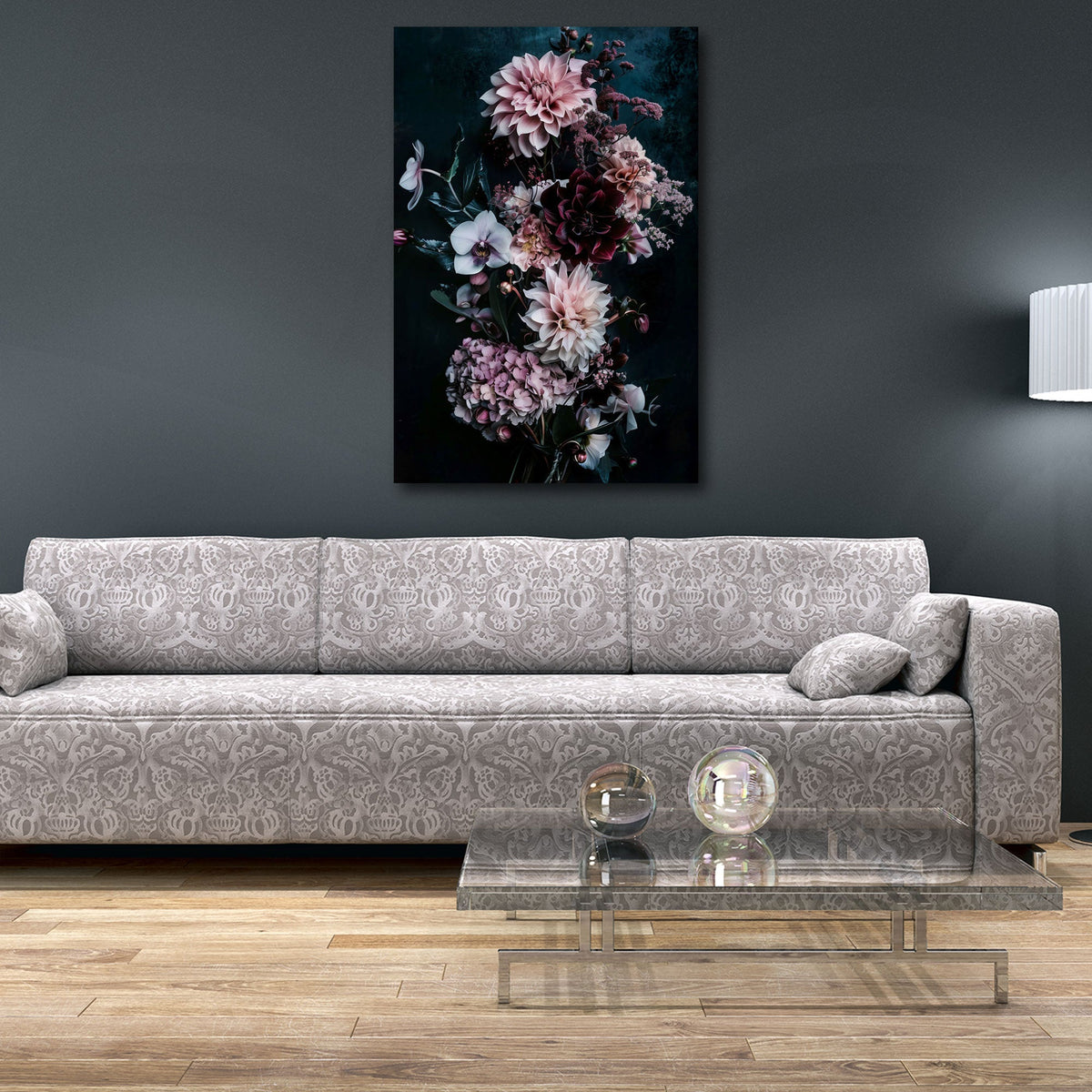 Detailansicht Blumen Wandbild mit Dahlien und Orchideen