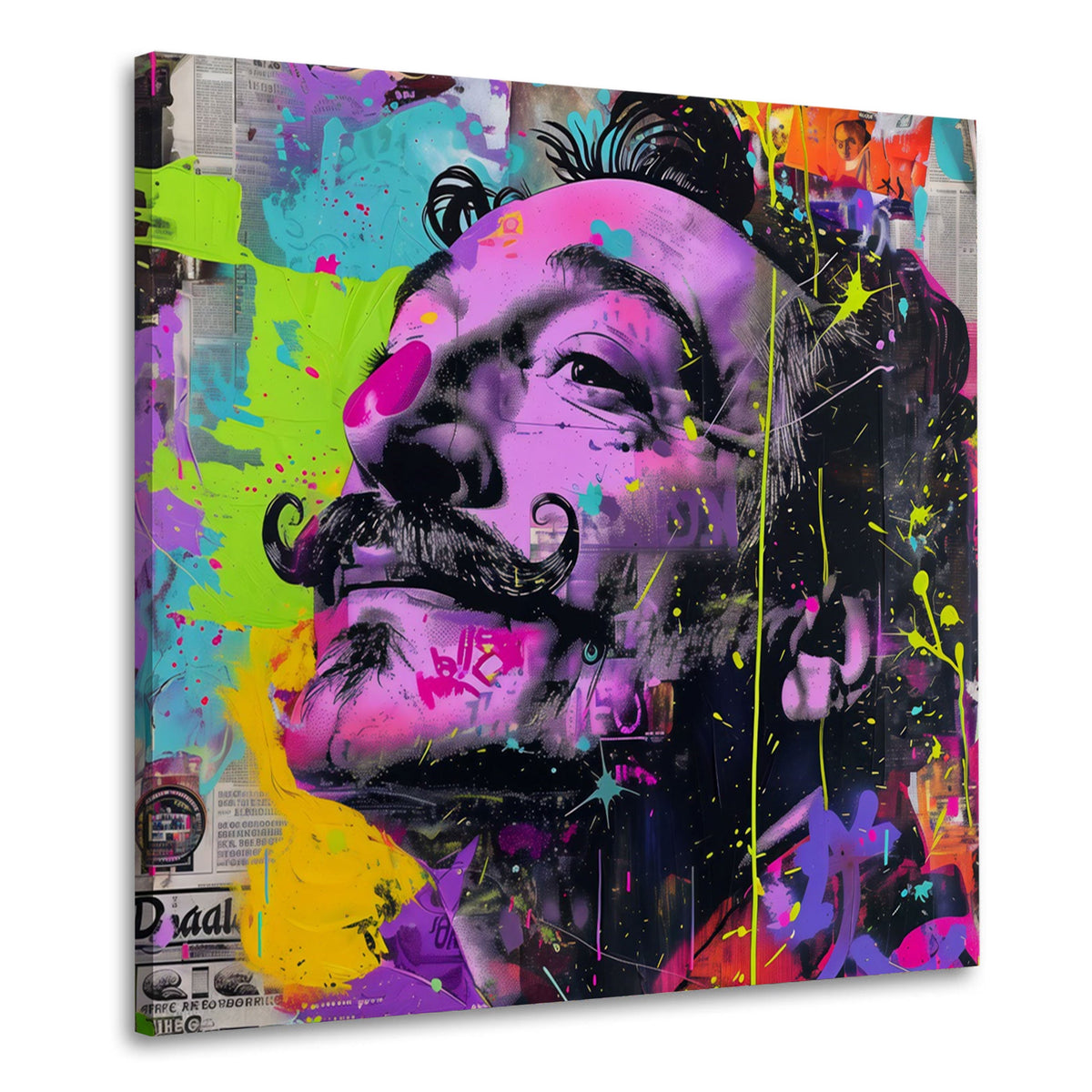 Wandbild Dalí mit gezwirbeltem Bart in knalligen Farben auf Leinwand