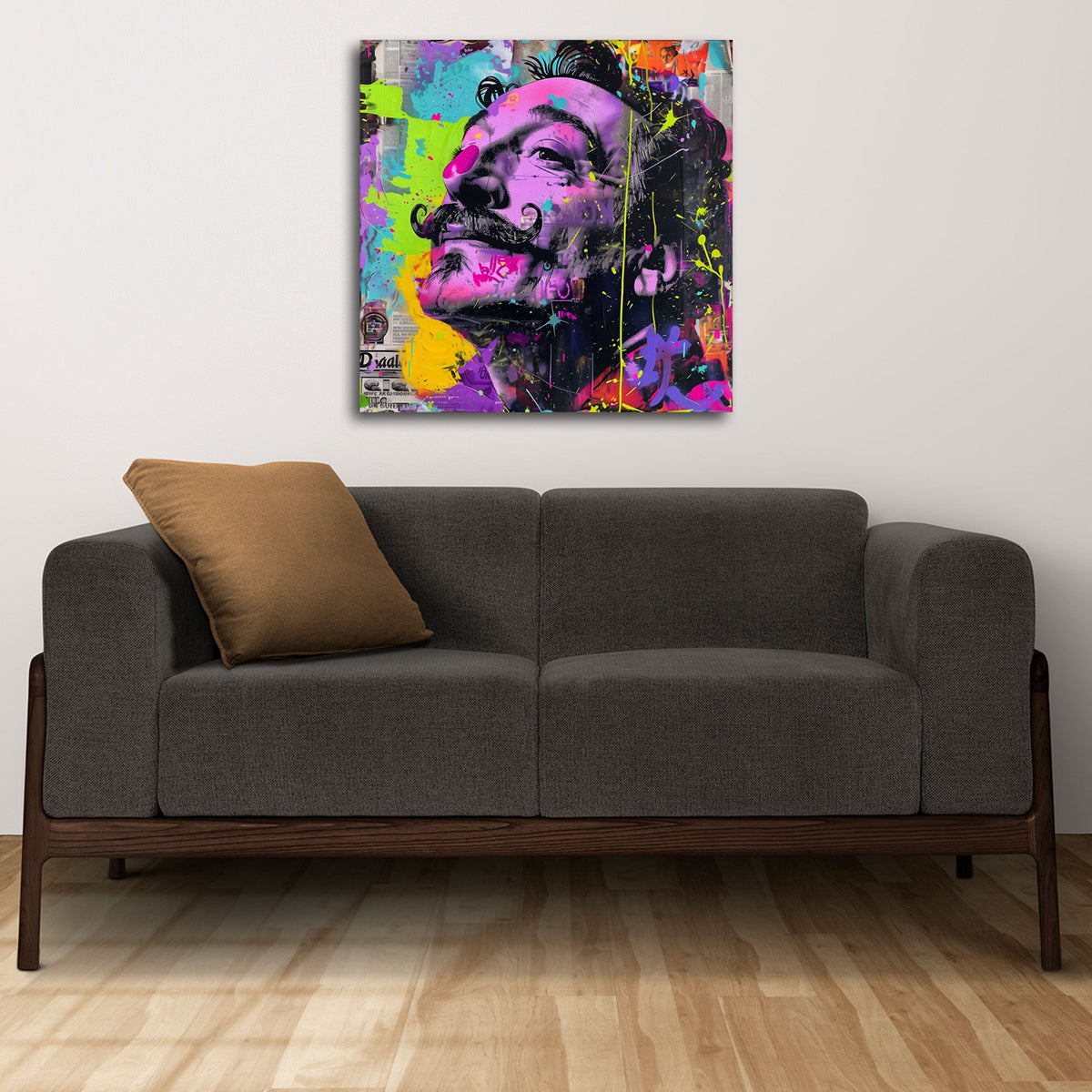 Quadratisches Pop Art Porträt Wandbild im modernen Wohnraum