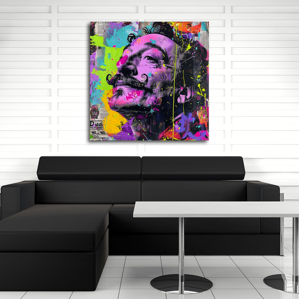 Detailansicht Pop Art Wandbild mit Schnurrbart und Neonfarben