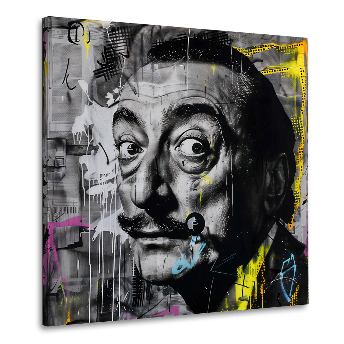 Wandbild Dalí Porträt in Schwarz-Weiß mit gelben Akzenten auf Leinwand