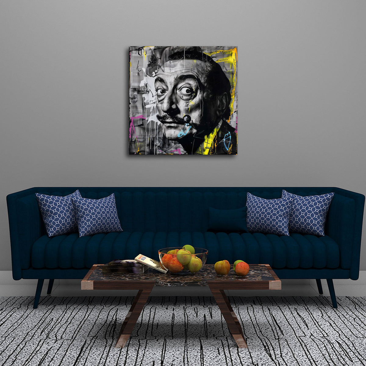 Quadratisches Street Art Porträt Wandbild im modernen Wohnraum