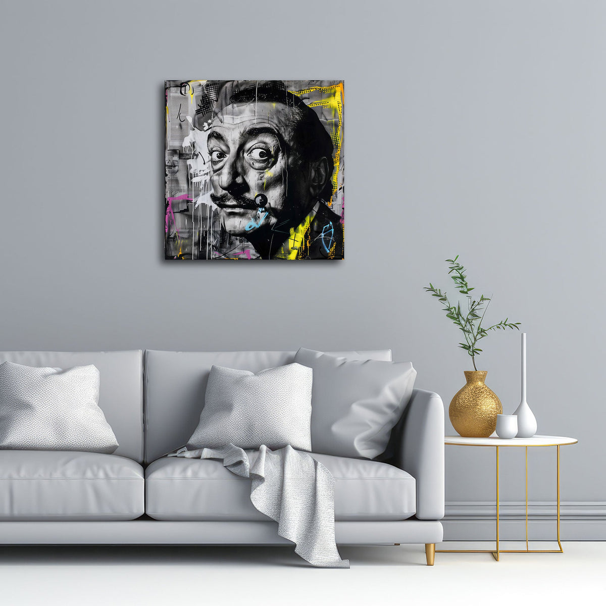 Detailansicht Porträt Wandbild mit Schnurrbart und gelben Sprühspuren