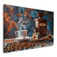 Dampfende Kaffeetasse mit alter Kaffeemühle und Bohnen als Wandbild