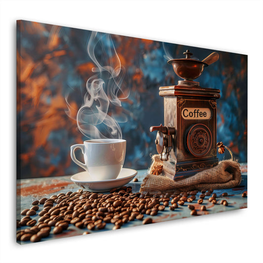 Dampfende Kaffeetasse mit alter Kaffeemühle und Bohnen als Wandbild