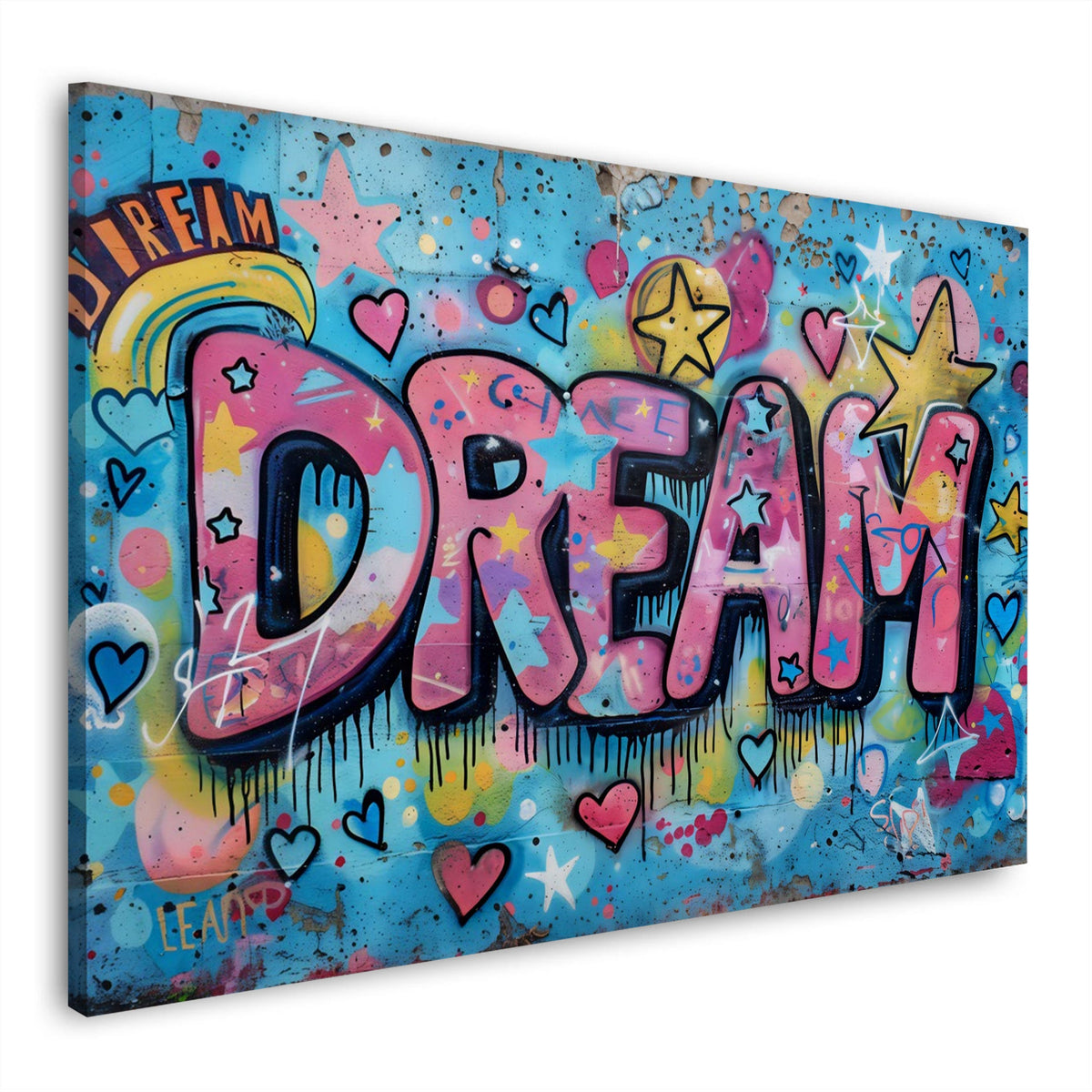 Dream Schriftzug als Graffiti mit Herzen und Sternen als Wandbild