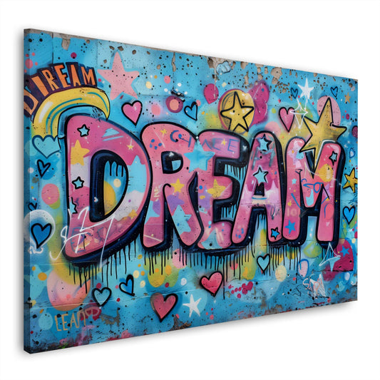 Dream Schriftzug als Graffiti mit Herzen und Sternen als Wandbild
