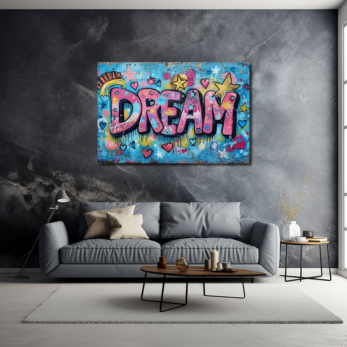 Graffiti-Wandbild Dream über dem Bett im Kinderzimmer