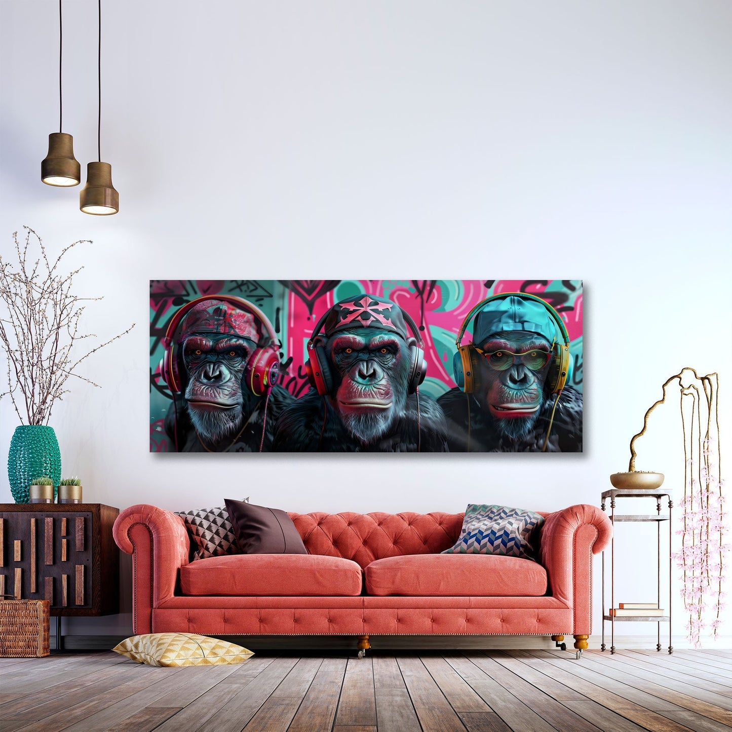 Affen Panorama-Wandbild in Neonfarben über der Couch im Wohnzimmer