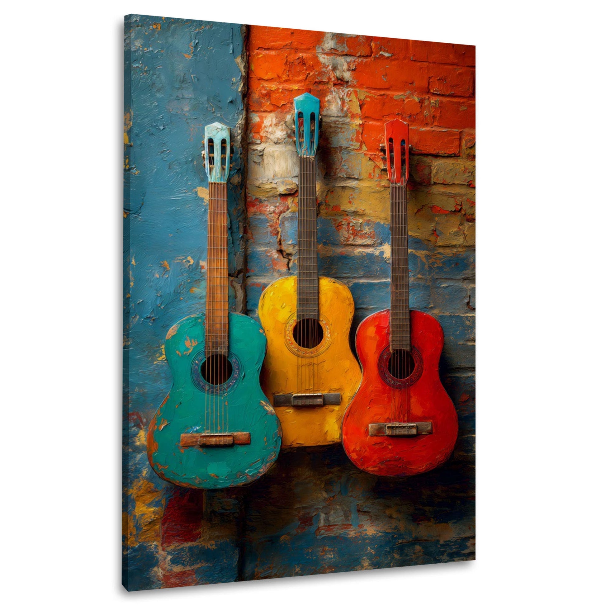 Drei Gitarren in Grün Gelb und Rot an der Wand Wandbild