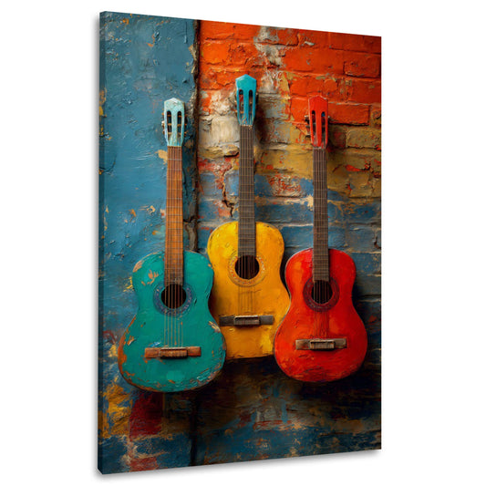 Drei Gitarren in Grün Gelb und Rot an der Wand Wandbild