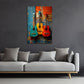 Drei Gitarren in Grün Gelb und Rot an der Wand Wandbild