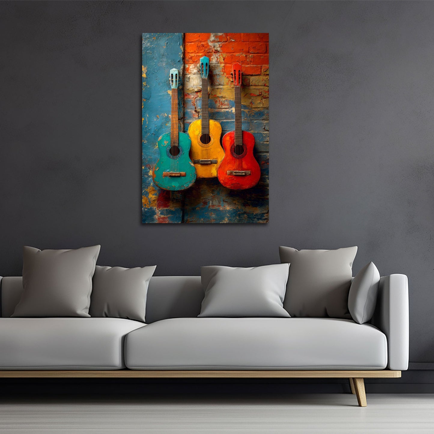 Drei Gitarren in Grün Gelb und Rot an der Wand Wandbild