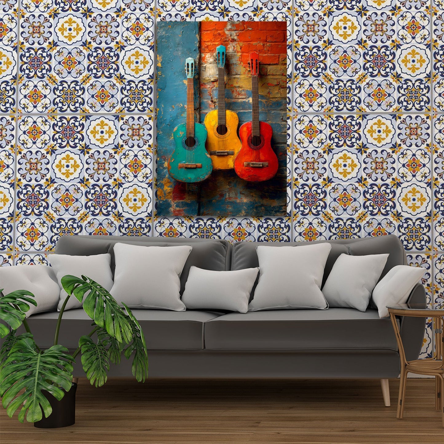 Drei Gitarren in Grün Gelb und Rot an der Wand Wandbild
