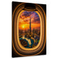Wandbild mit Dubai Skyline im Sonnenuntergang aus dem Flugzeugfenster