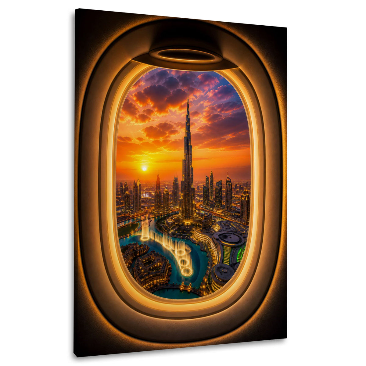 Wandbild mit Dubai Skyline im Sonnenuntergang aus dem Flugzeugfenster