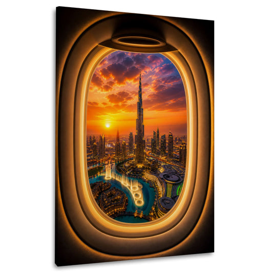 Wandbild mit Dubai Skyline im Sonnenuntergang aus dem Flugzeugfenster