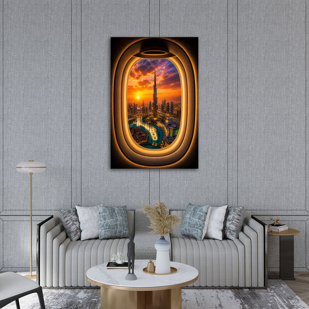 Dubai Skyline Wandbild über dem Sofa im Wohnzimmer