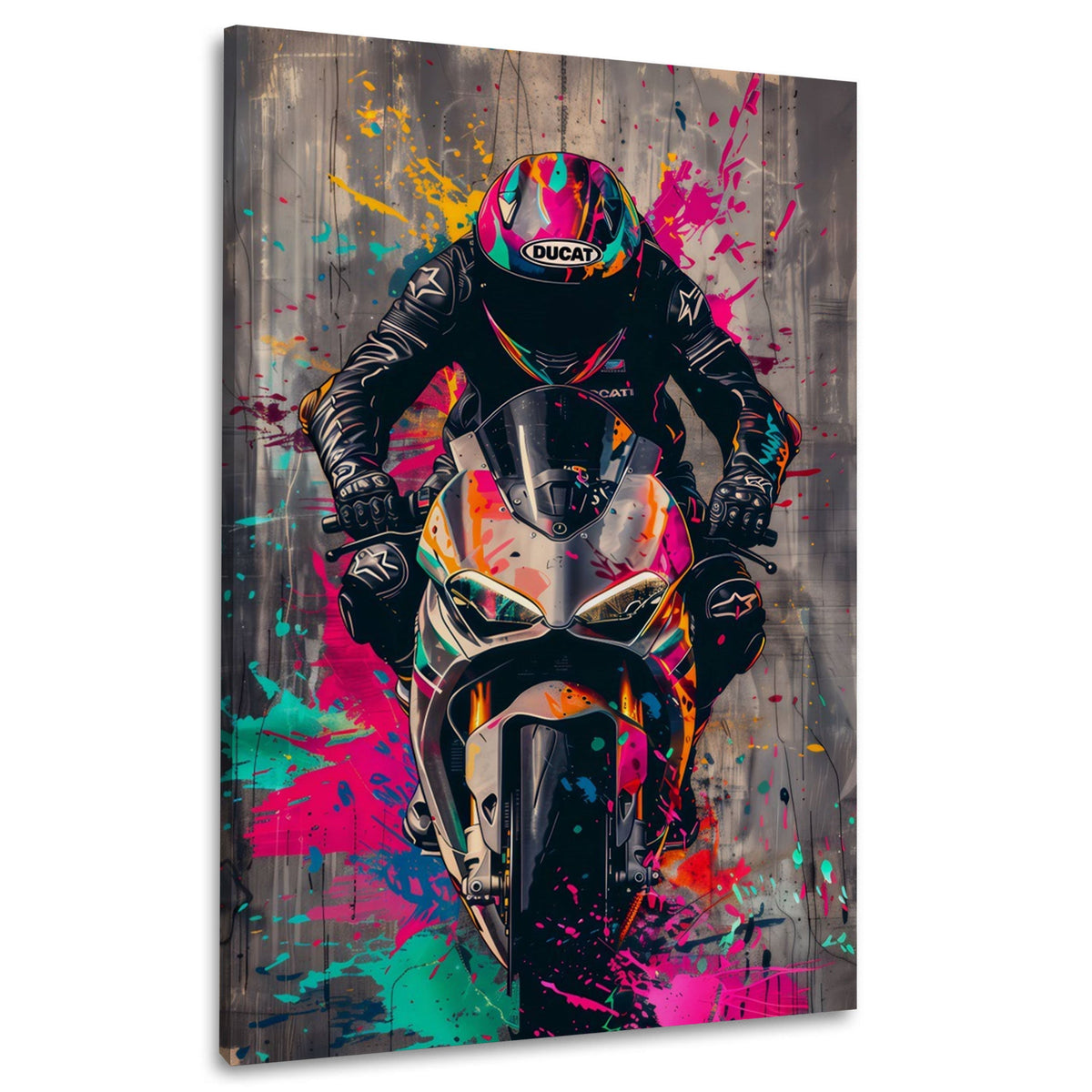 Wandbild Ducati Motorrad in voller Fahrt mit bunten Farbspritzern