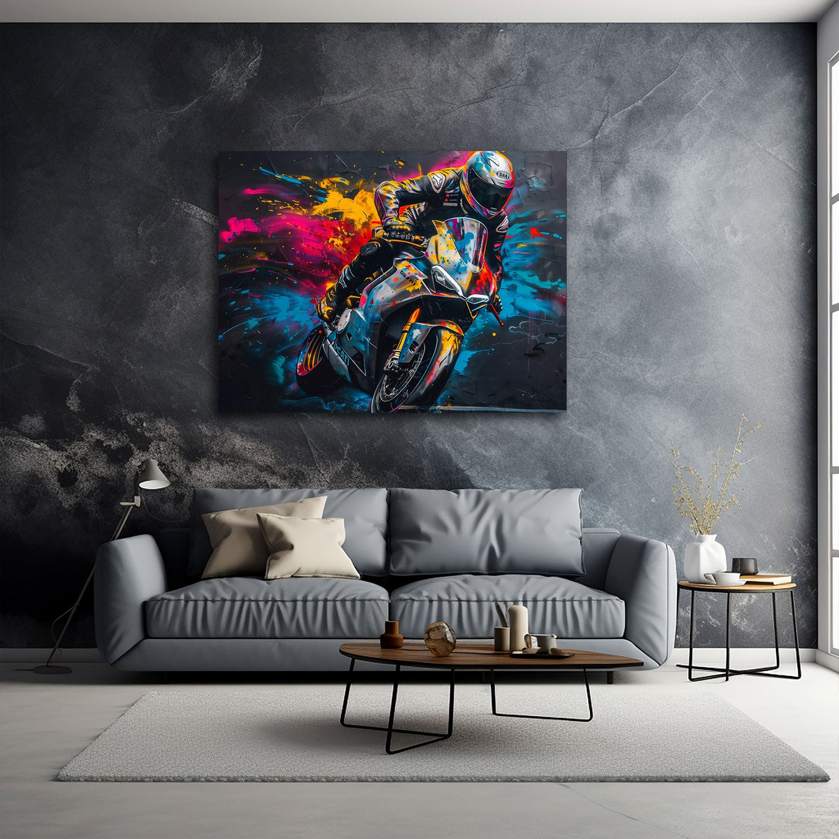 Detailansicht Motorrad Wandbild in Schräglage mit Farbexplosion