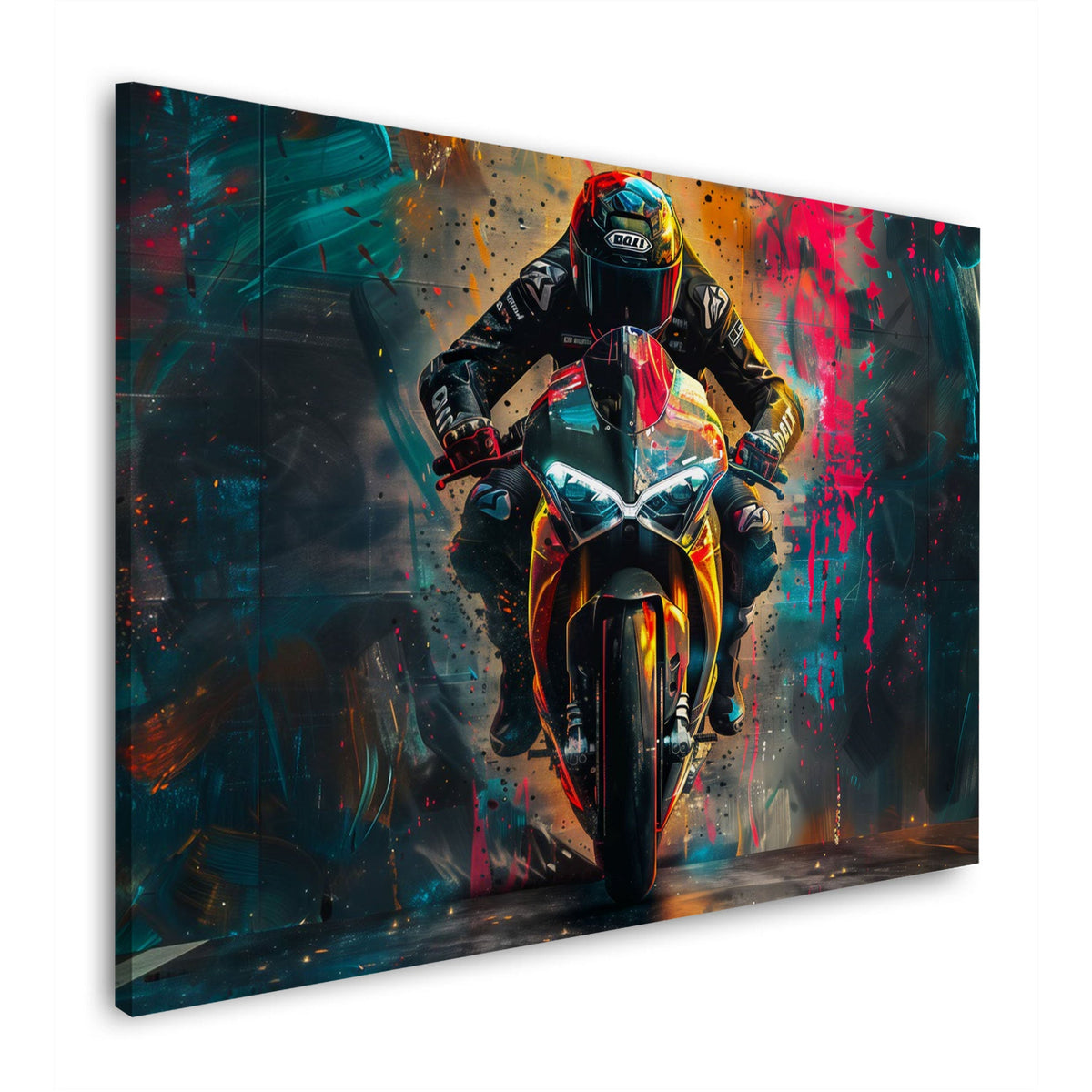 Wandbild Ducati Motorrad frontal mit roten Akzenten und Farbexplosion