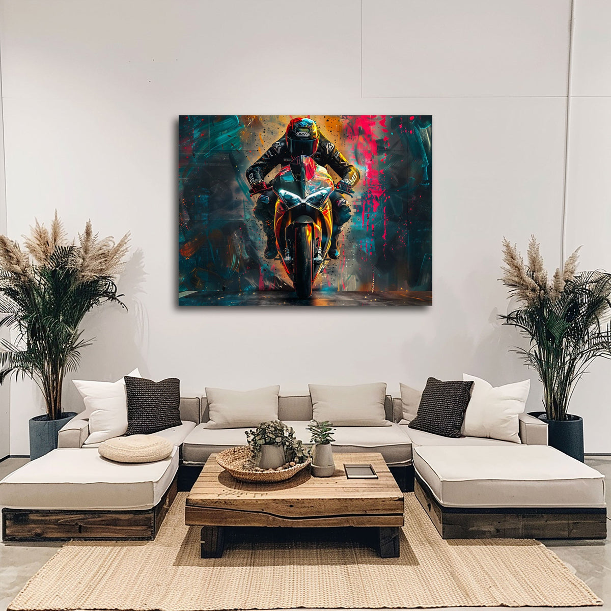 Detailansicht Motorrad Wandbild mit Helm und roten Akzenten