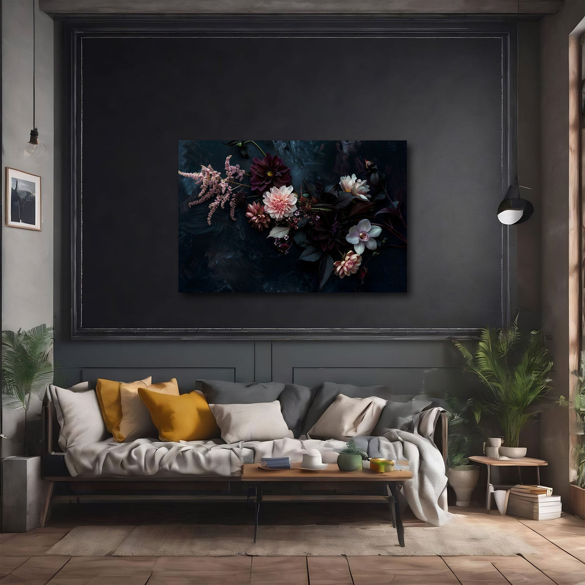 Detailansicht Blumen Wandbild mit Dahlien und Rispenblüten