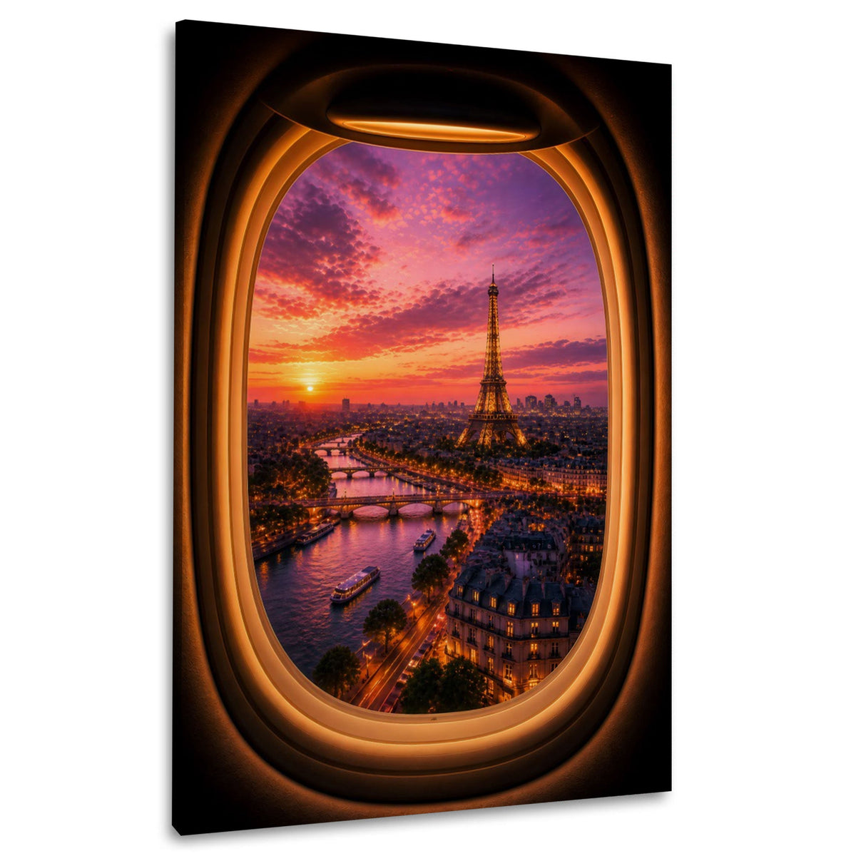 Wandbild mit Eiffelturm im Sonnenuntergang aus dem Flugzeugfenster